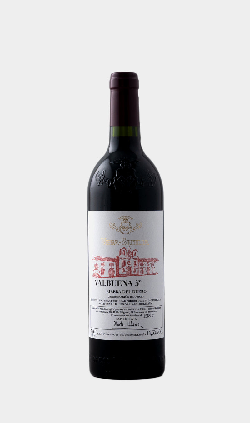 Vega Sicilia Valbuena No.5 2017 wine bottle showcasing refined branding and luxury Spanish wine design.