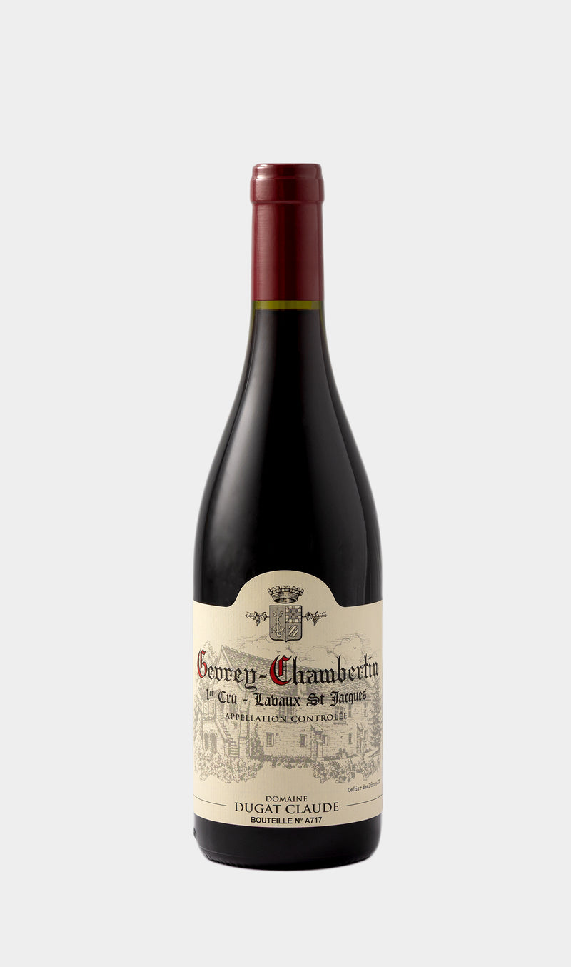 Claude Dugat Gevrey-Chambertin 1er Cru Lavaux Saint-Jacques 2023 wine bottle with elegant label and high-end presentation.