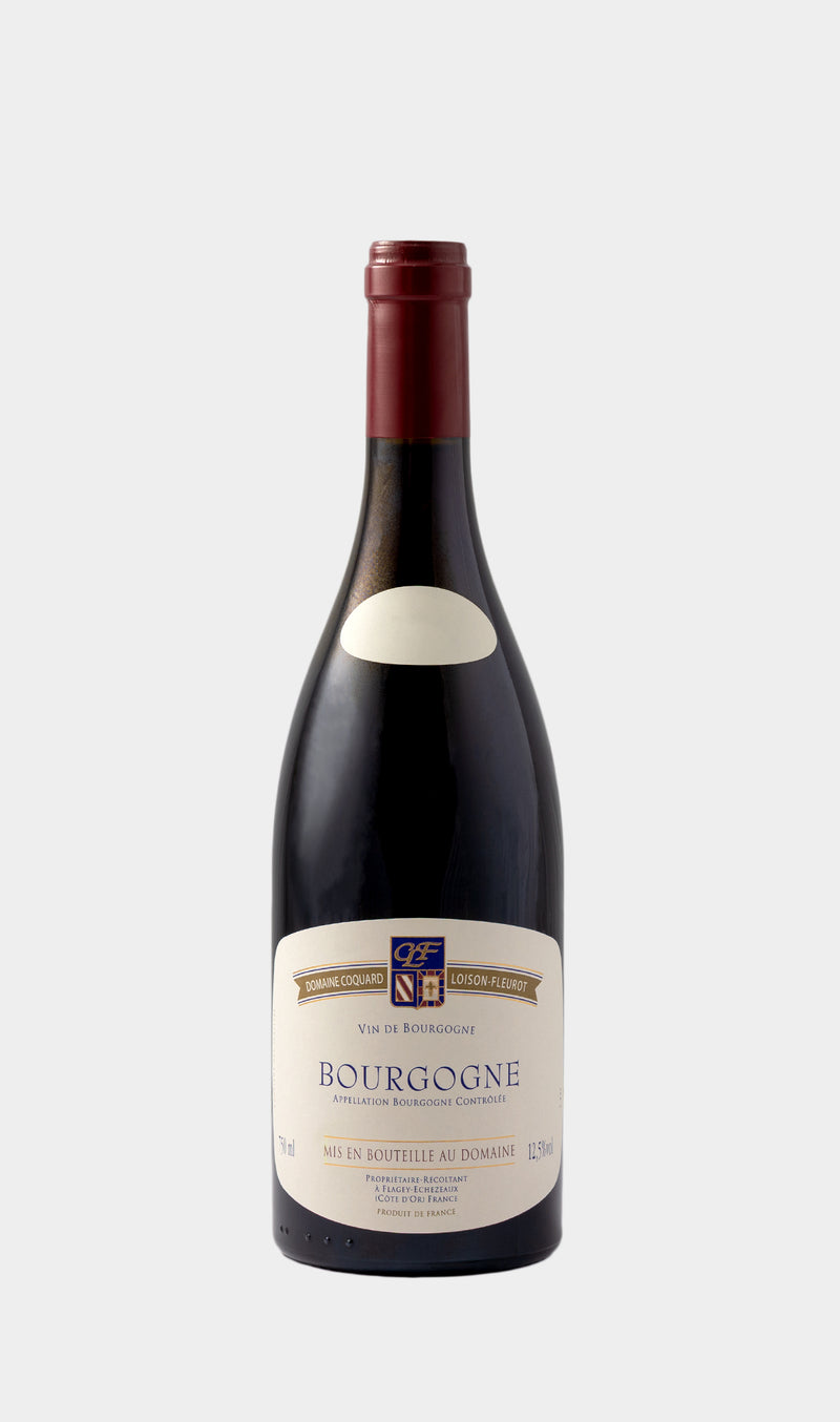 Coquard Loison Fleurot Bourgogne Rouge 2023 wine bottle featuring minimalist label and classic Burgundy red wine design.