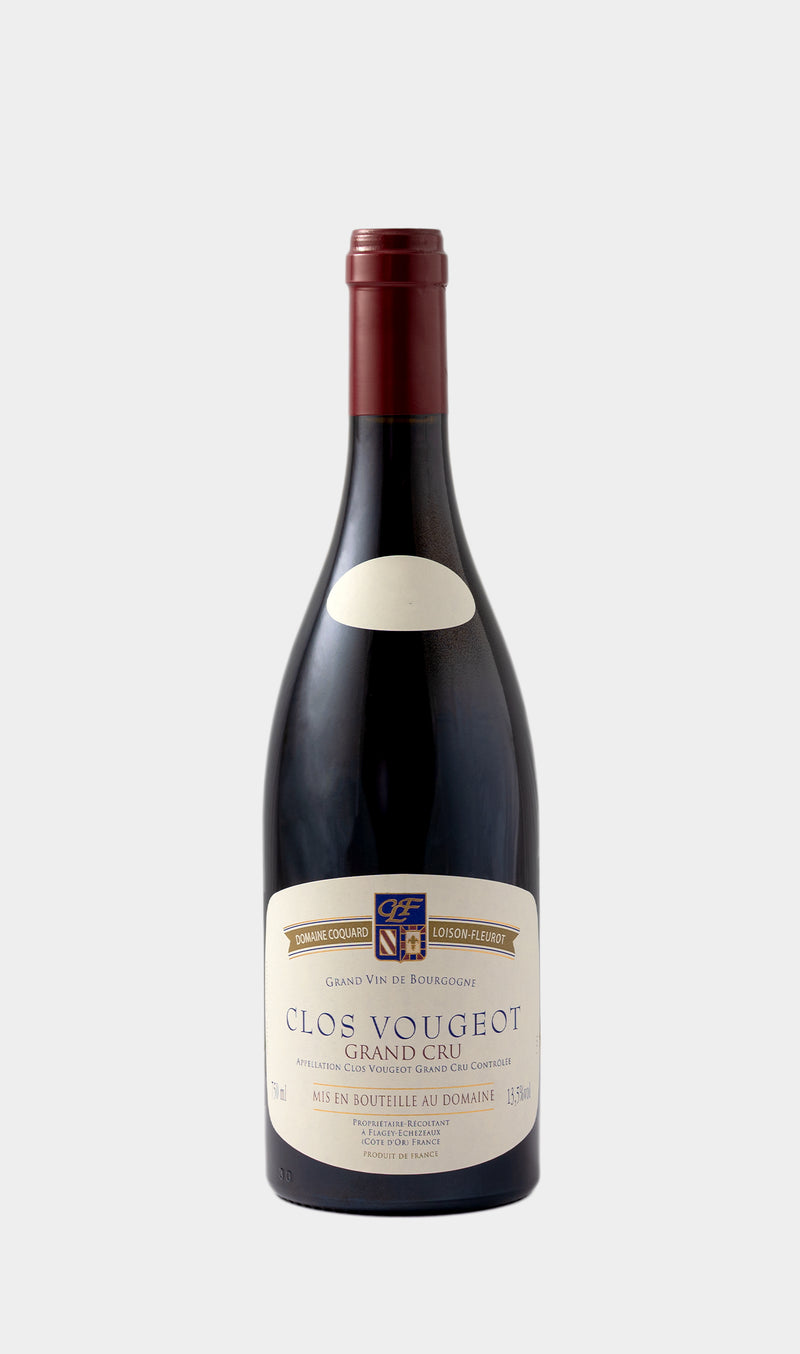 Coquard Loison Fleurot Clos de Vougeot Grand Cru 2023 wine bottle with traditional Burgundy label and premium wine branding.