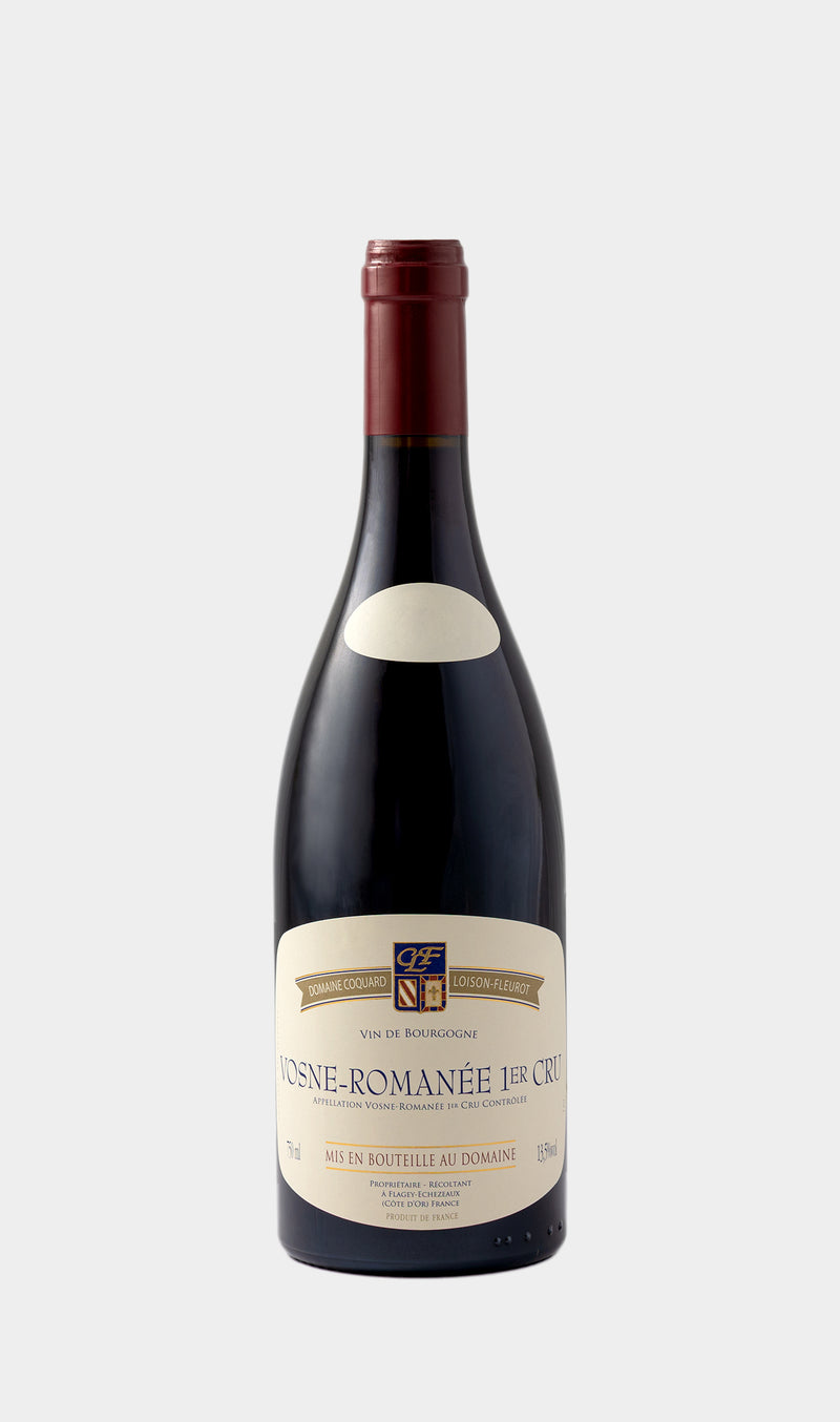 Coquard Loison Fleurot Vosne-Romanée 1er Cru 2023 wine bottle with refined label and premium Burgundy identity.