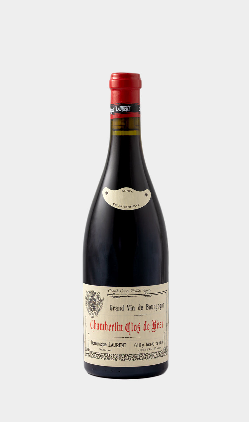 Dominique Laurent Chambertin Clos de Bèze Grand Cru Vieilles Vignes 2018 wine bottle with prestigious Burgundy branding and elegant label.