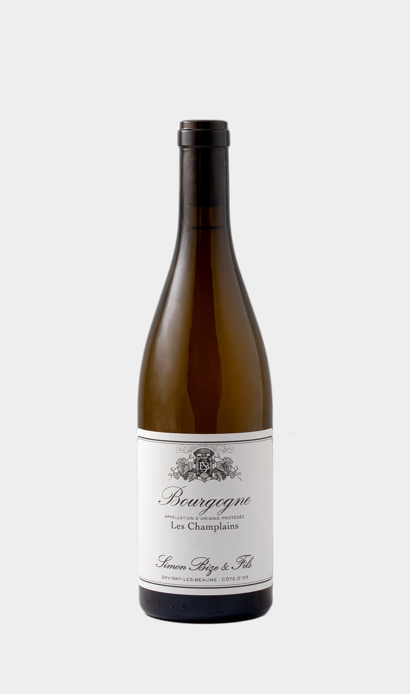 Simon Bize et Fils Bourgogne Blanc Les Champlains 2022 wine bottle featuring refined white Burgundy label and classic design.